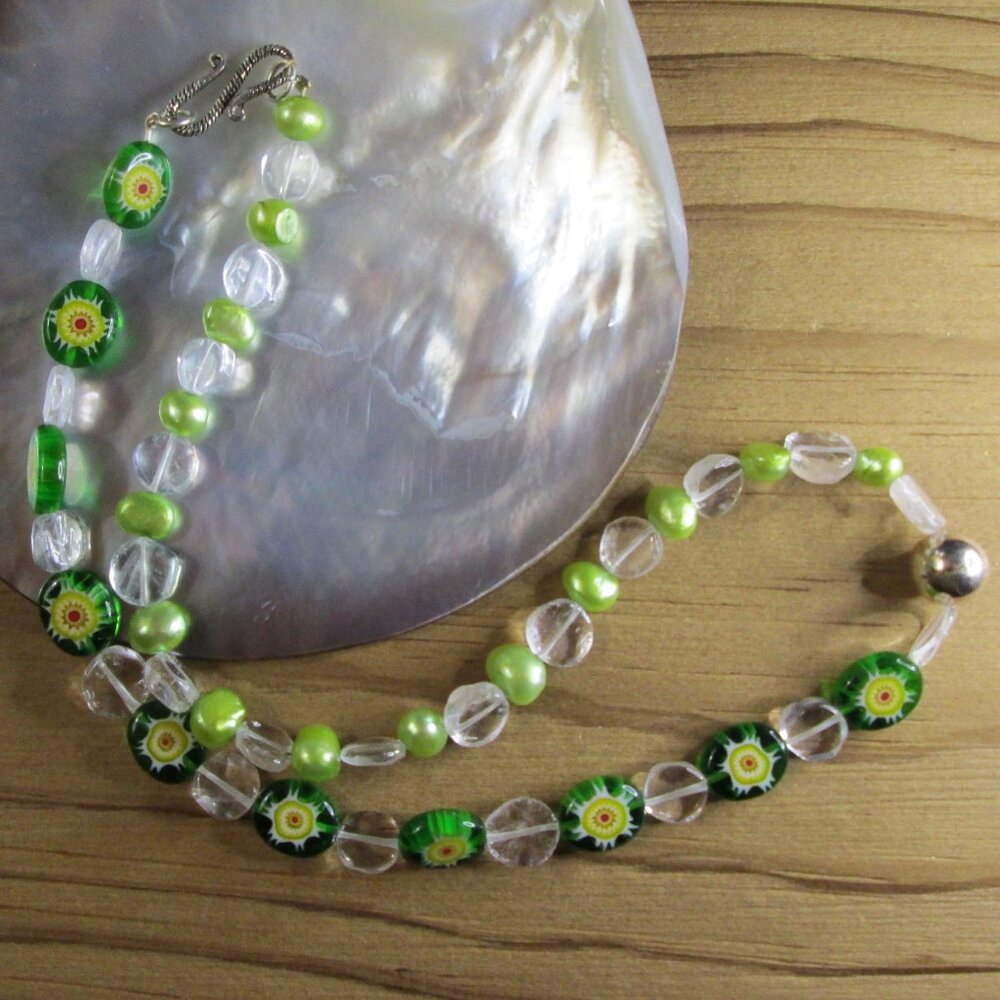 White Topaz Half and Half Necklace with Green Freshwater Pearls and Millefiori